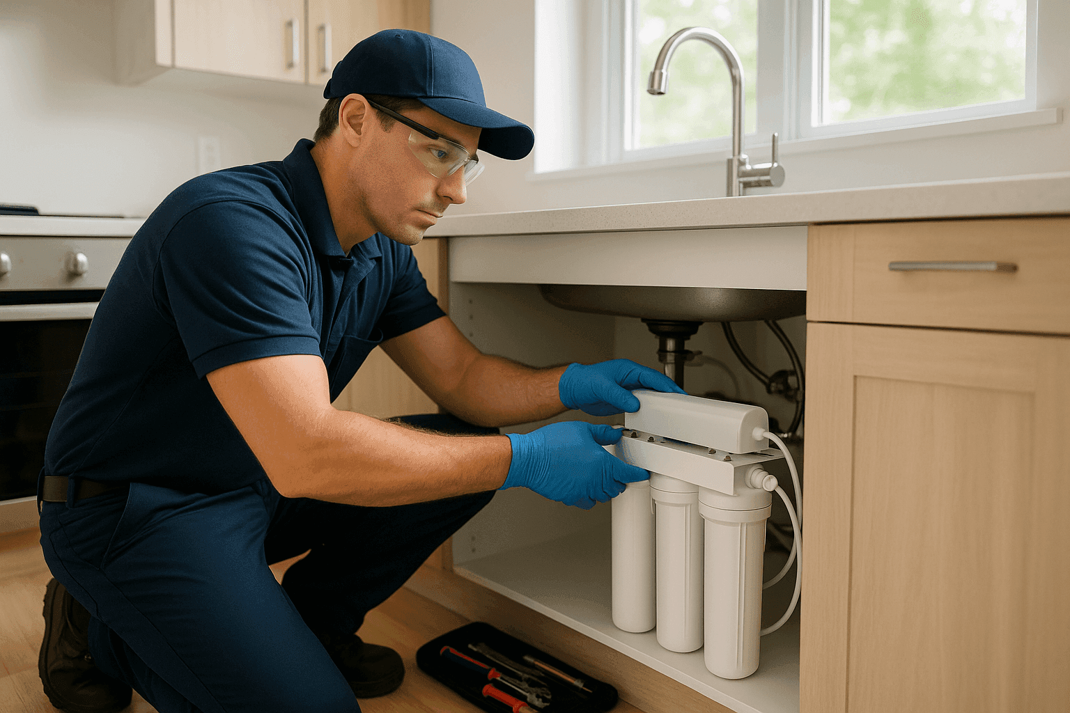 Plumber installing under-sink water filtration system in kitchen