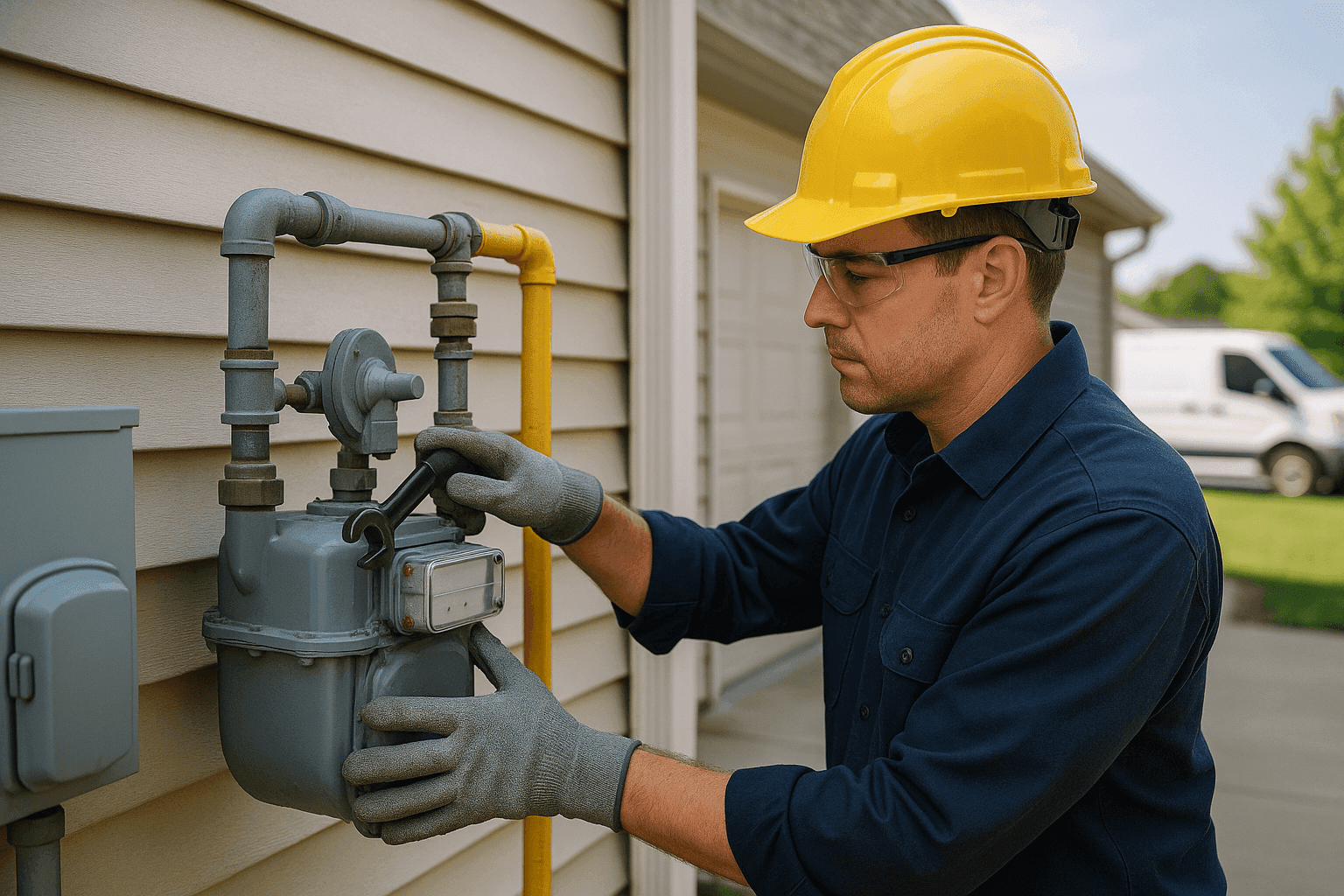 Plomero inspeccionando medidor residencial de gas y líneas de gas con equipo de seguridad