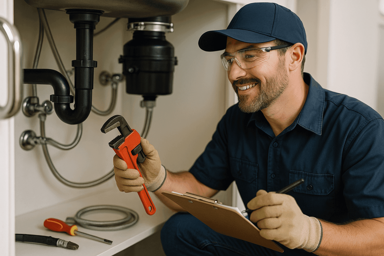 Professional plumber performing home plumbing maintenance inspection