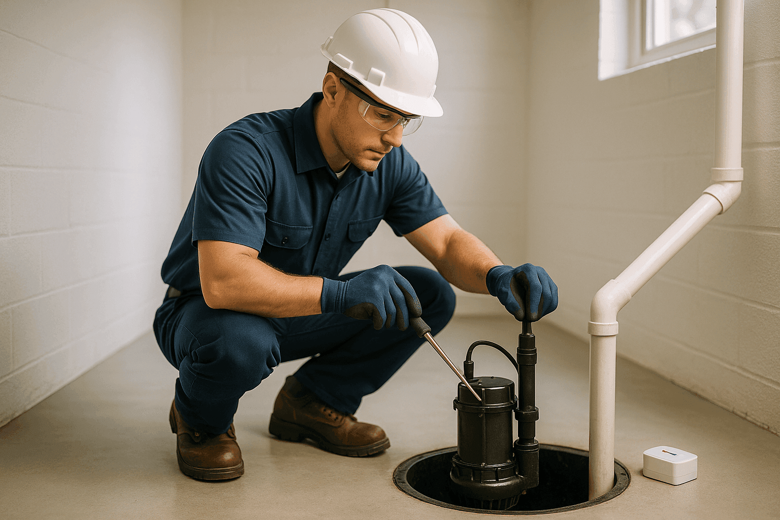 Plumber testing sump pump in residential basement with water alarm nearby